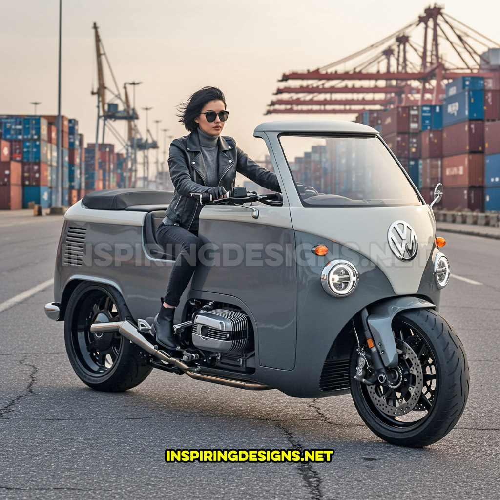 Volkswagen bus motorcycle in a grey and white color design