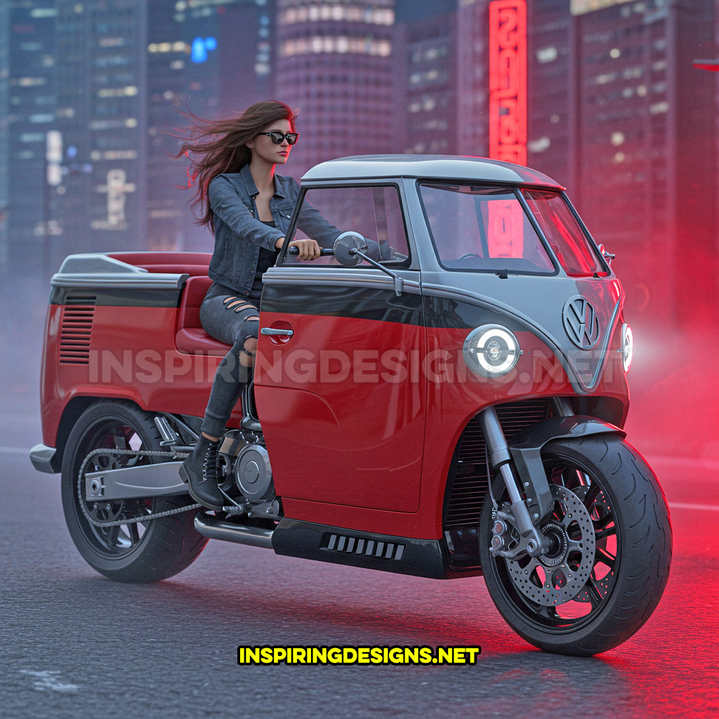 Volkswagen bus motorcycle in a red, white, and black color design