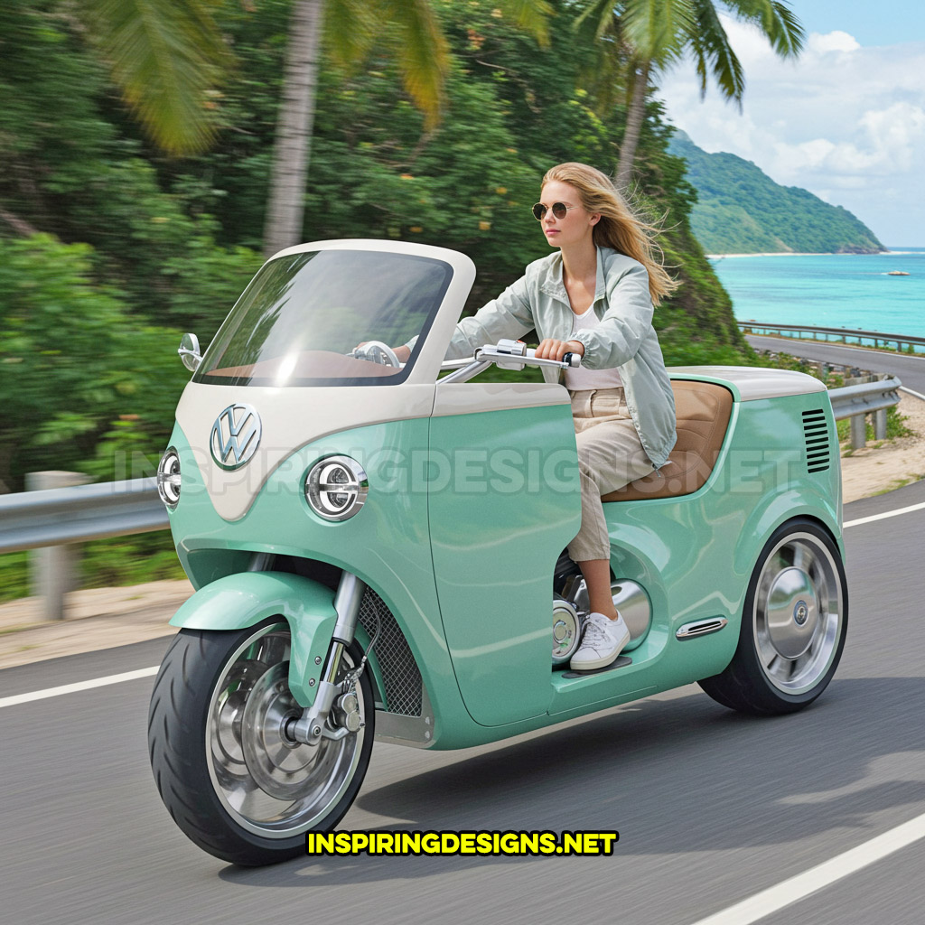 Volkswagen bus motorcycle in a mint green and cream color design