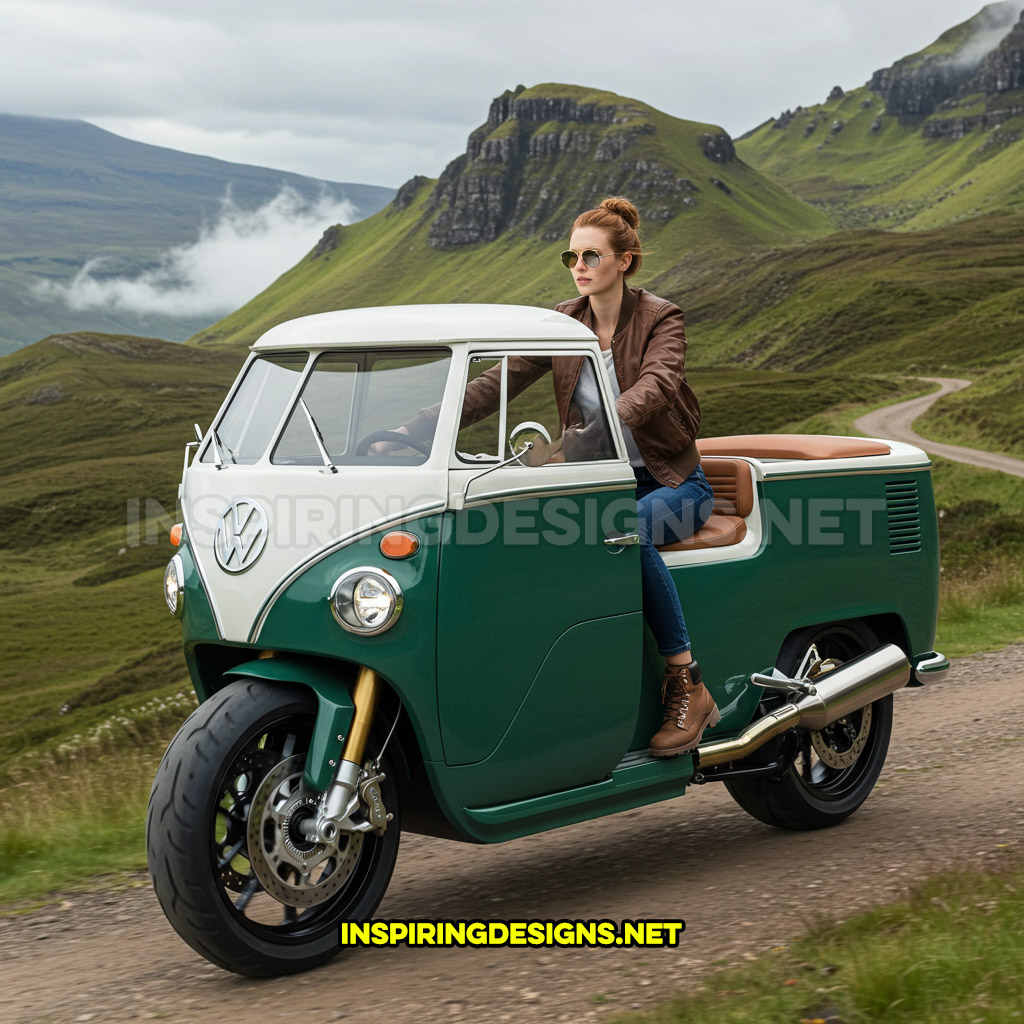 Volkswagen bus motorcycle in a dark green and white color design