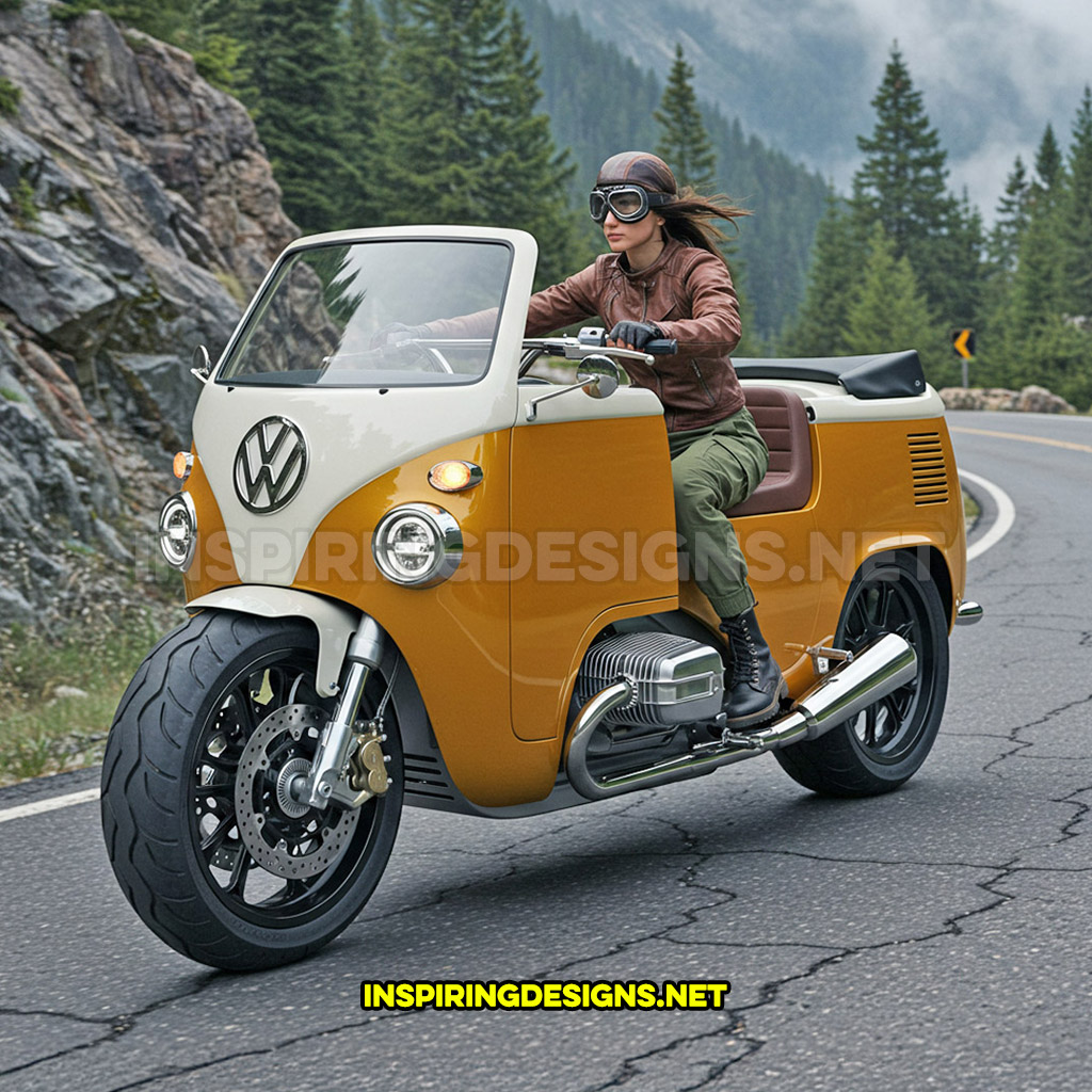 Volkswagen bus motorcycle in a mustard and white color design