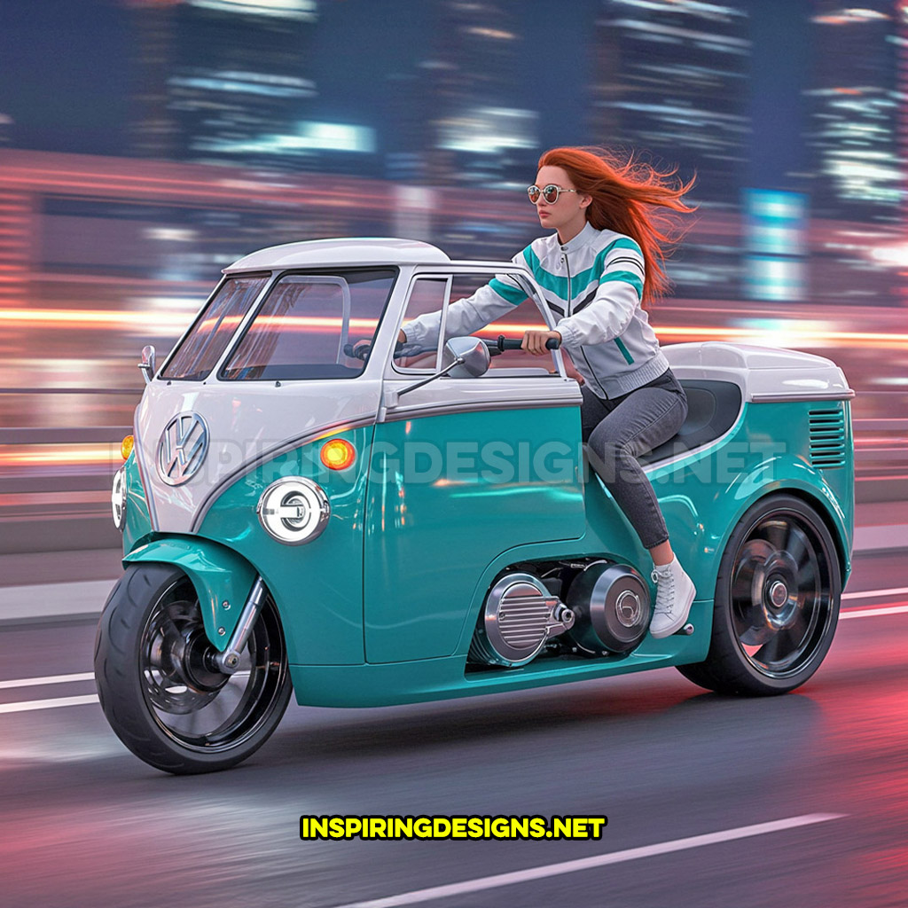 Volkswagen bus motorcycle in a turquoise and white color design