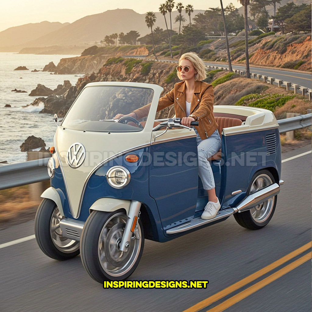 Volkswagen bus motorcycle in a navy and cream color design