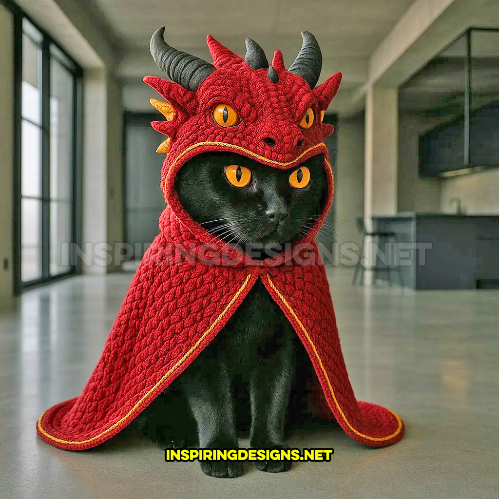 knit dragon cat hoodie in a red and gold color design