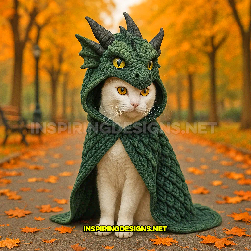 knit dragon cat hoodie in a dark green and black color design