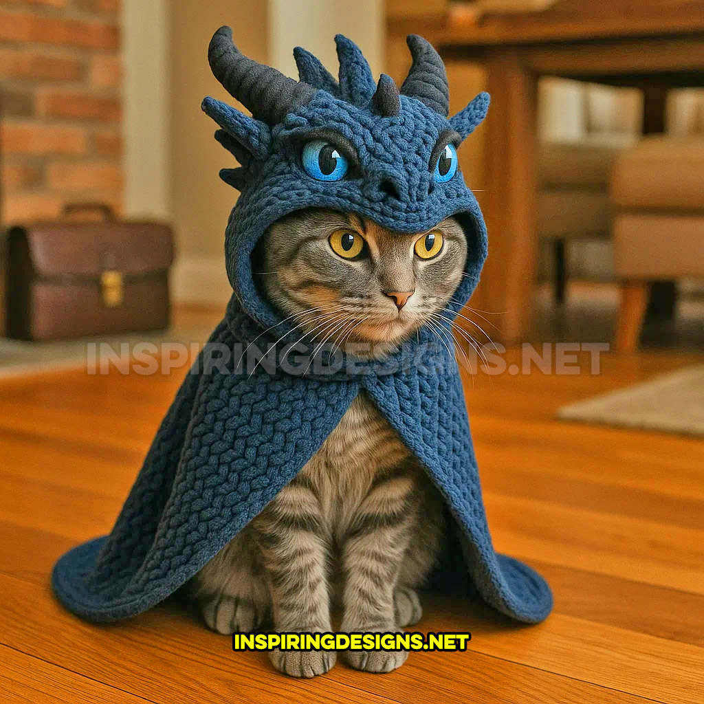 knit dragon cat hoodie in a dark blue and black color design