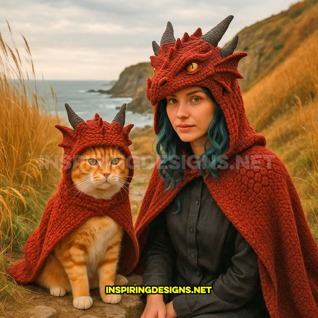 knit dragon cat hoodie and knit human hoodie in a red and black color design