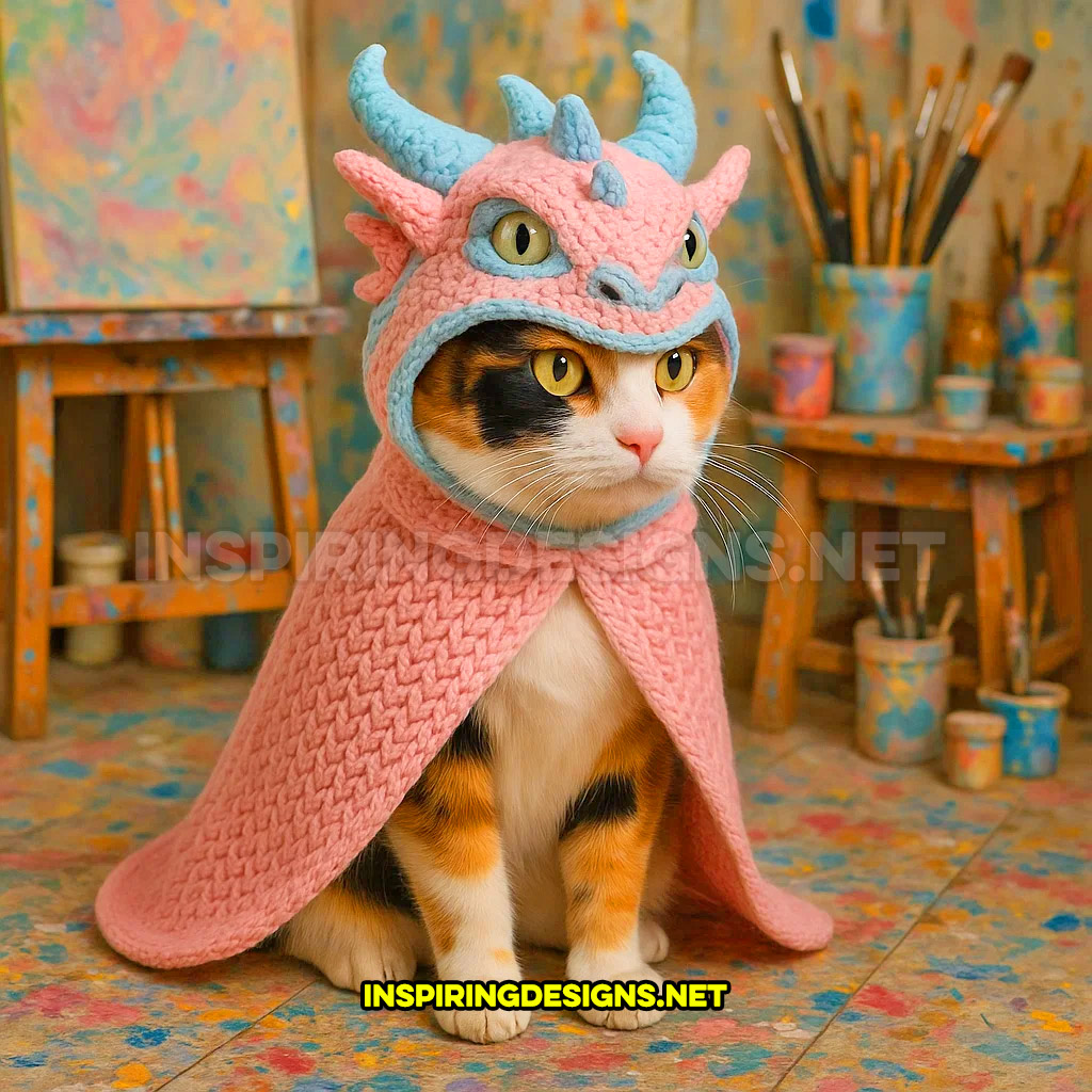 knit dragon cat hoodie in a pink and baby blue color design