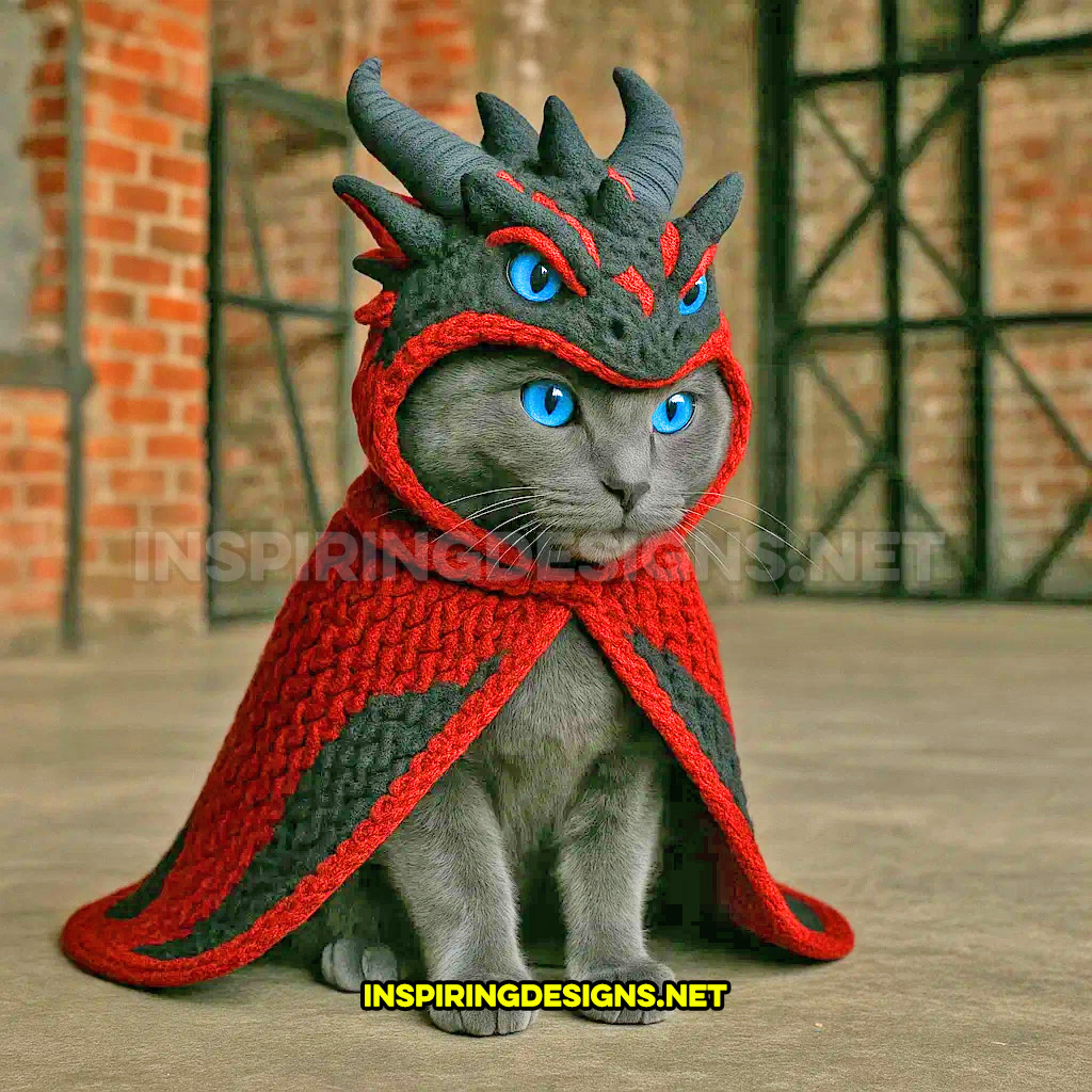 knit dragon cat hoodie in a red and black color design