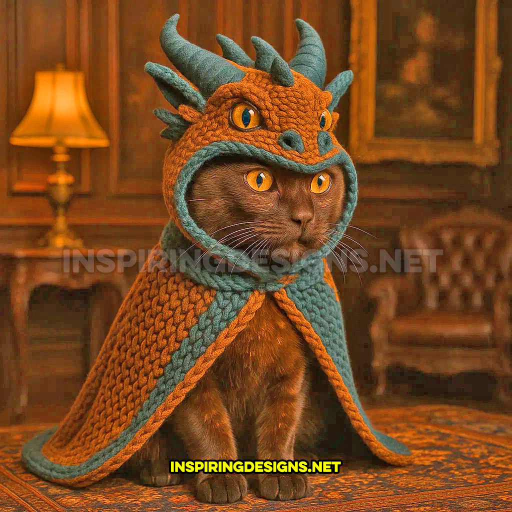 knit dragon cat hoodie in a turquoise and orange color design