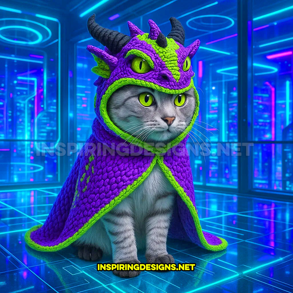knit dragon cat hoodie in a purple and green color design