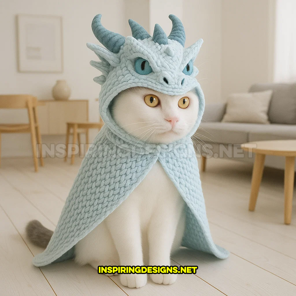 knit dragon cat hoodie in a light blue and dark blue color design