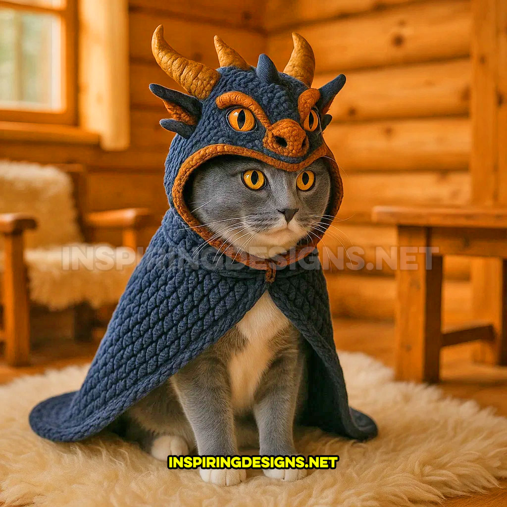 knit dragon cat hoodie in a dark blue and gold color design