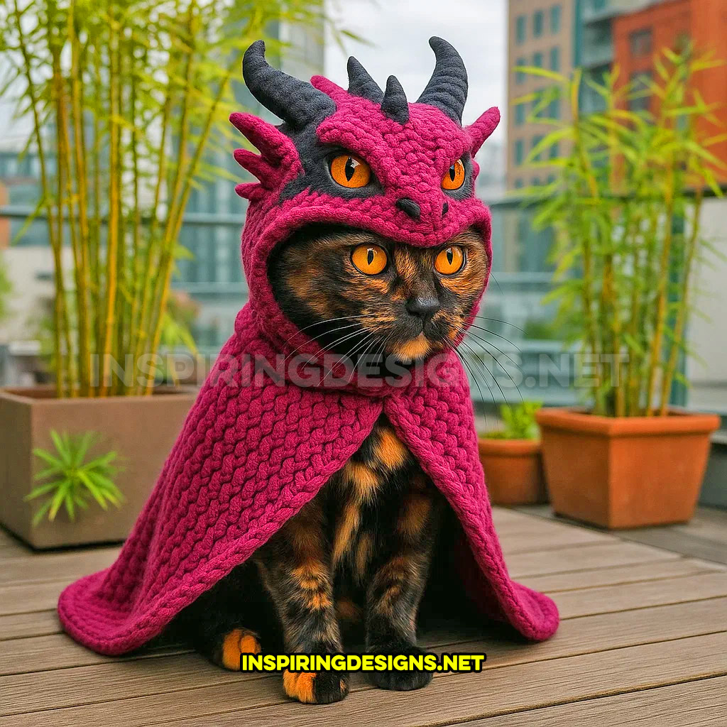 knit dragon cat hoodie in a dark pink and black color design