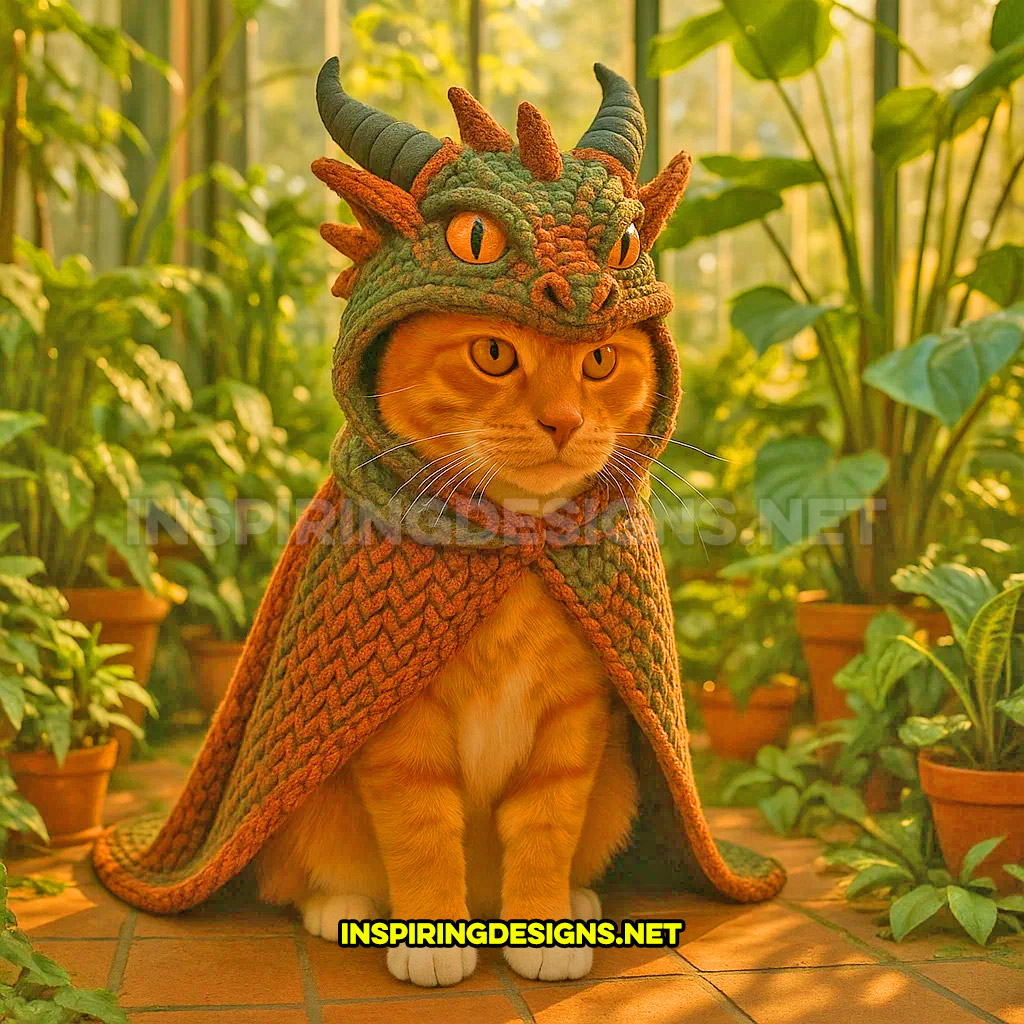 knit dragon cat hoodie in a green and orange color design