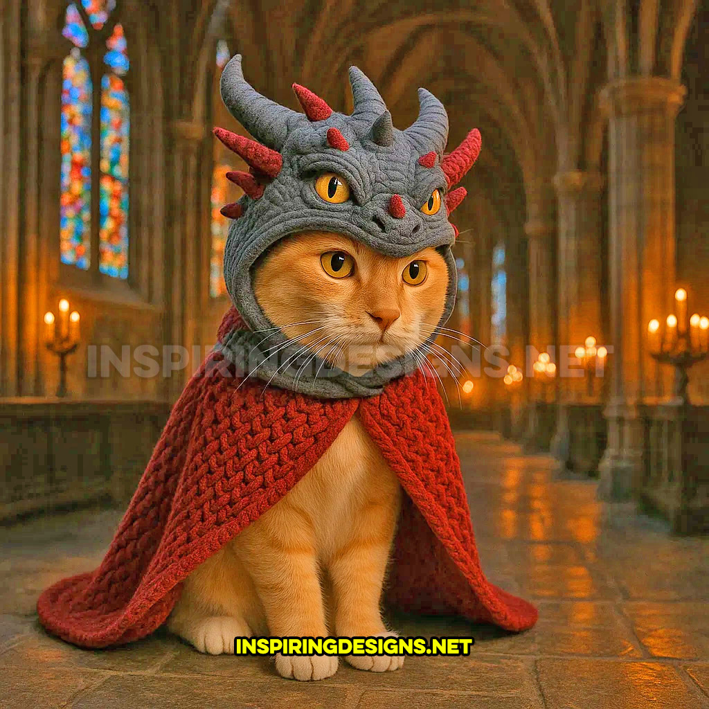 knit dragon cat hoodie in a blue and maroon color design