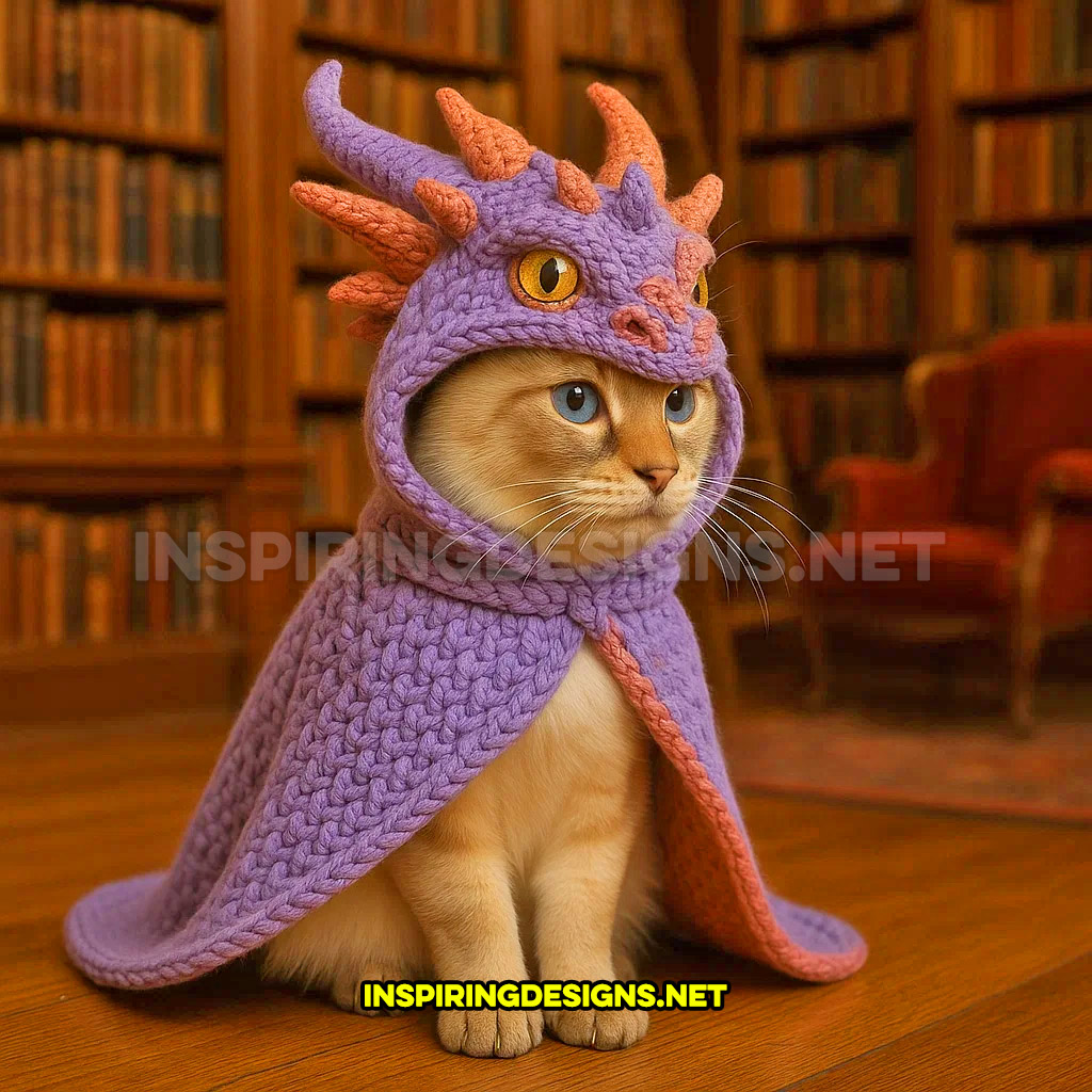 knit dragon cat hoodie in a purple and pink color design