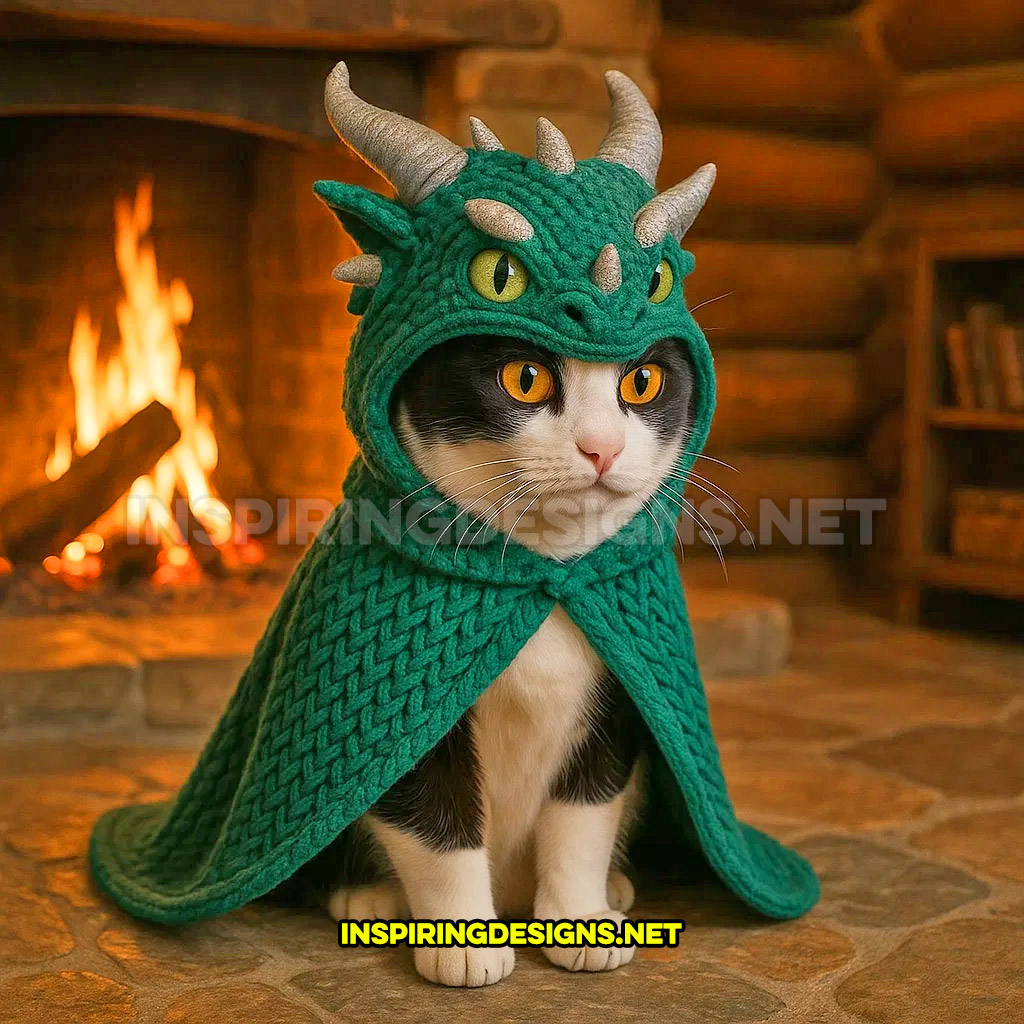knit dragon cat hoodie in a dark green and grey color design