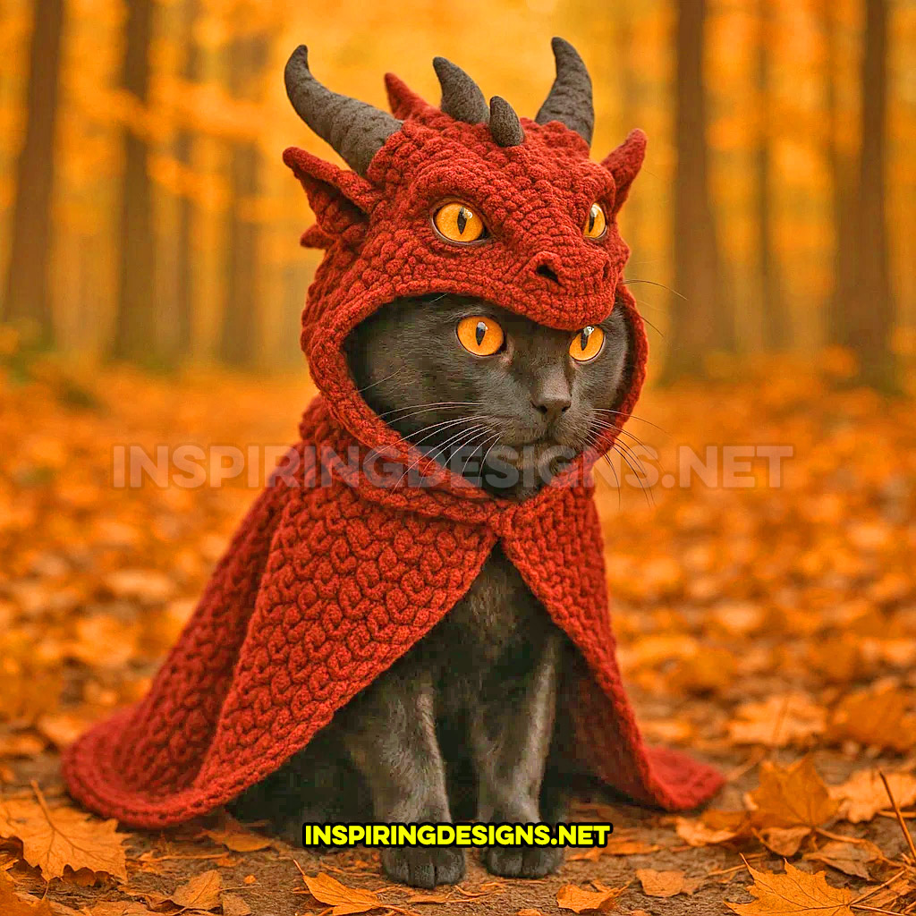 knit dragon cat hoodie in a red and black color design