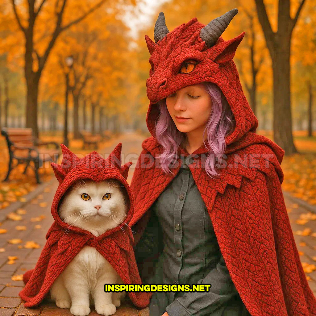 knit dragon cat hoodie and a knit dragon human hoodie in a red and black color design