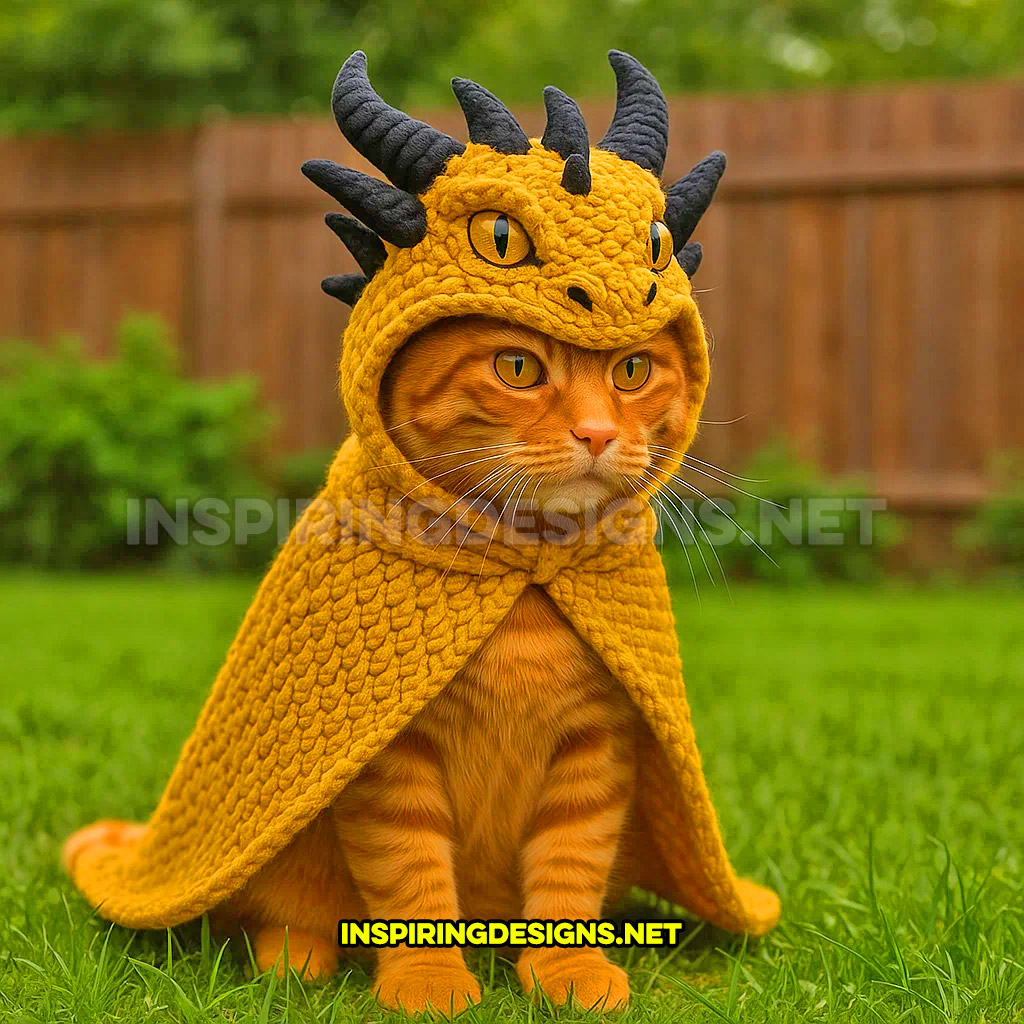 knit dragon cat hoodie in a yellow and black color design