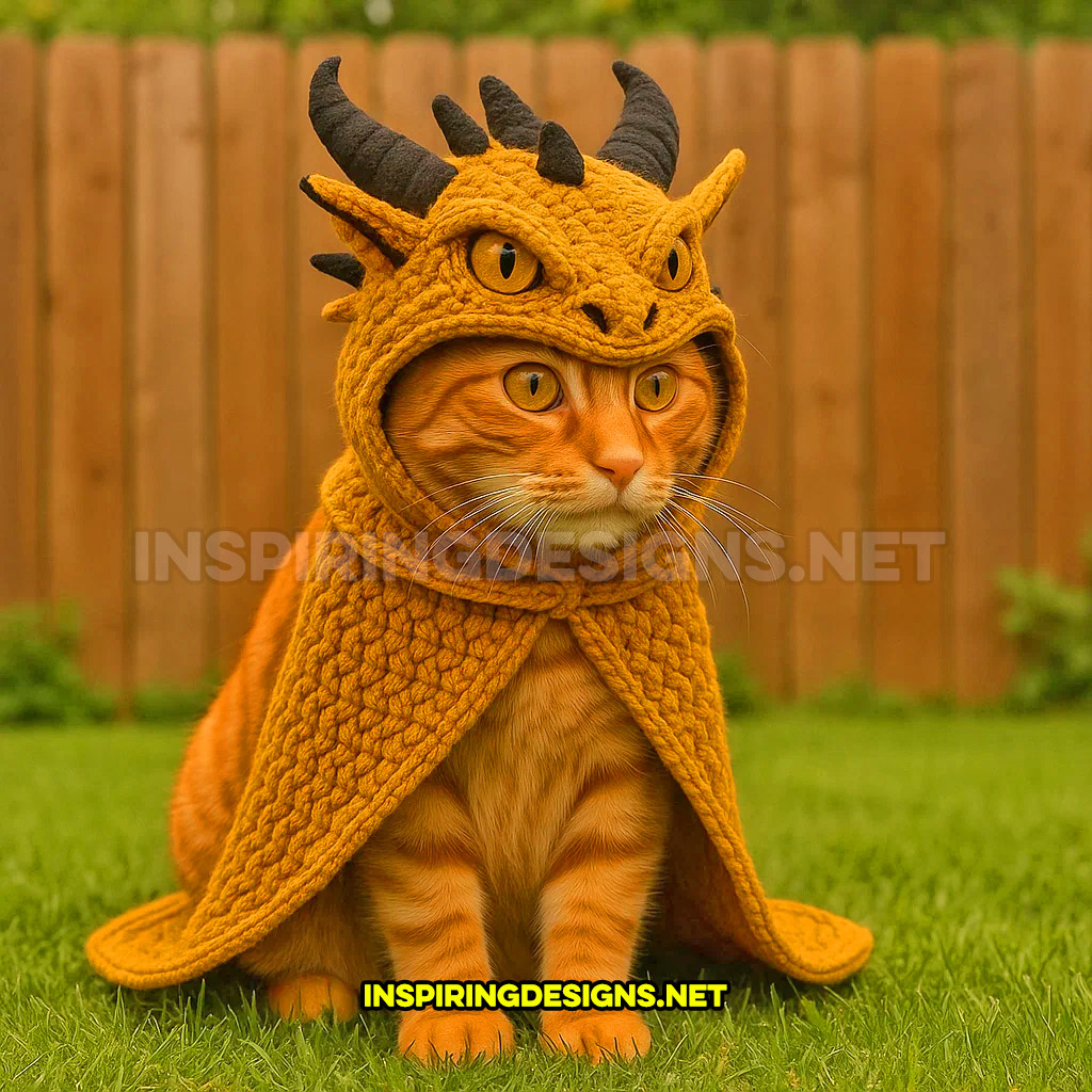 knit dragon cat hoodie in a yellow and black color design