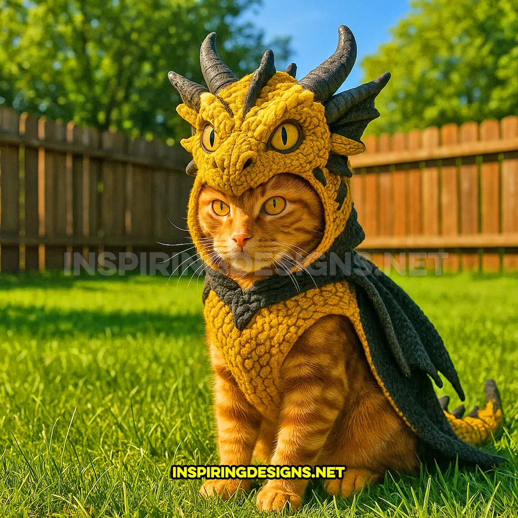 knit dragon cat hoodie in a yellow and black color design