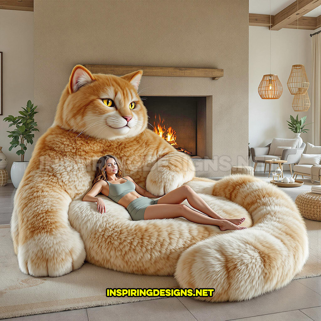 giant cat lounger in a orange and cream color design