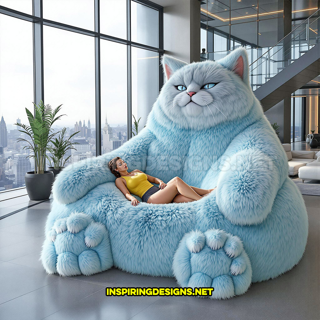 giant cat lounger in a bright baby blue color design