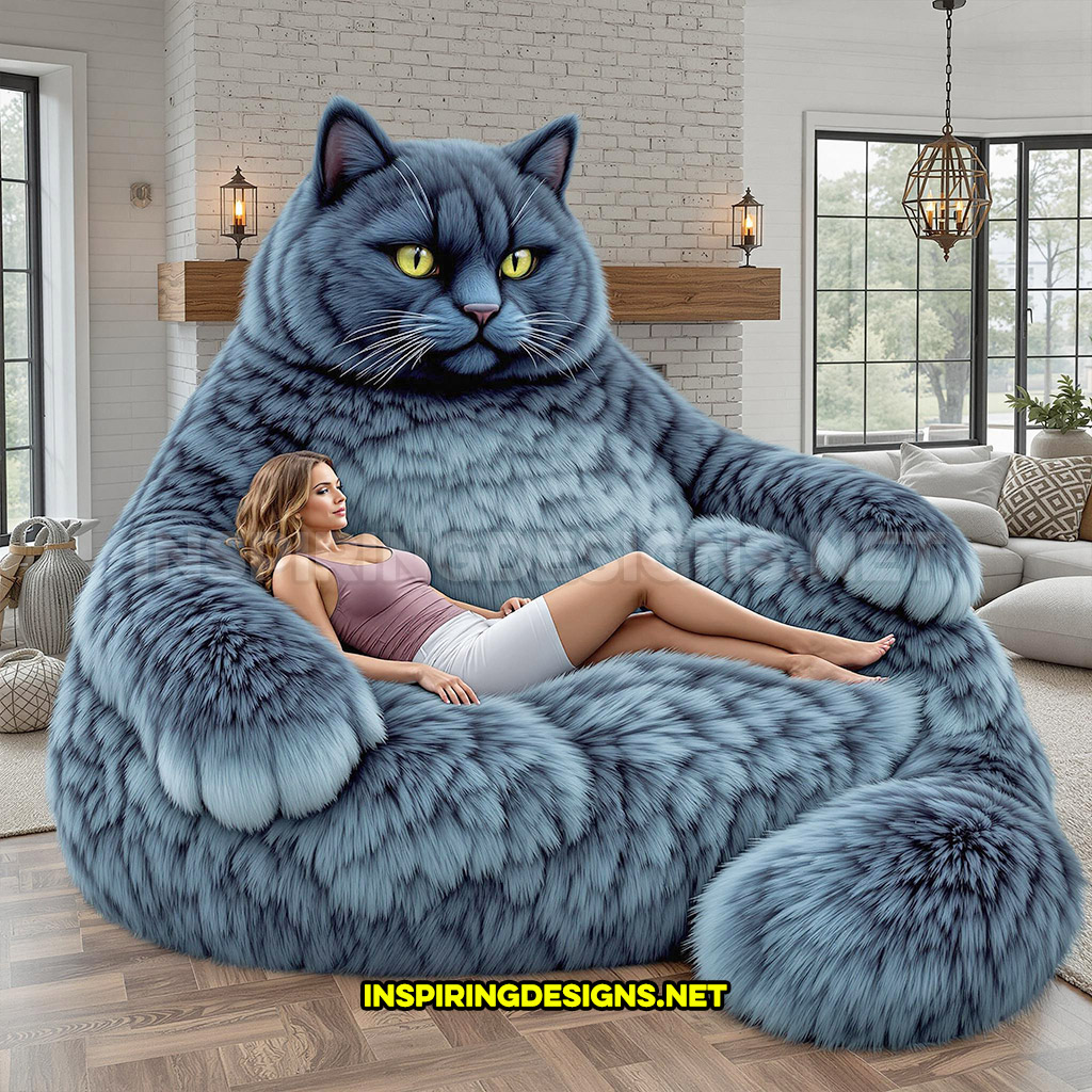 giant cat lounger in a dark blue and grey color design