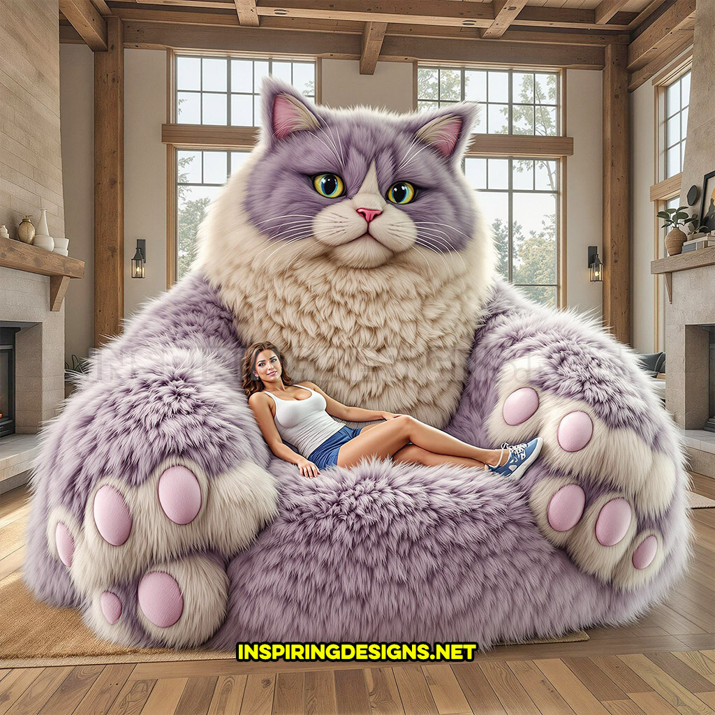 giant cat lounger in a purple and cream color design