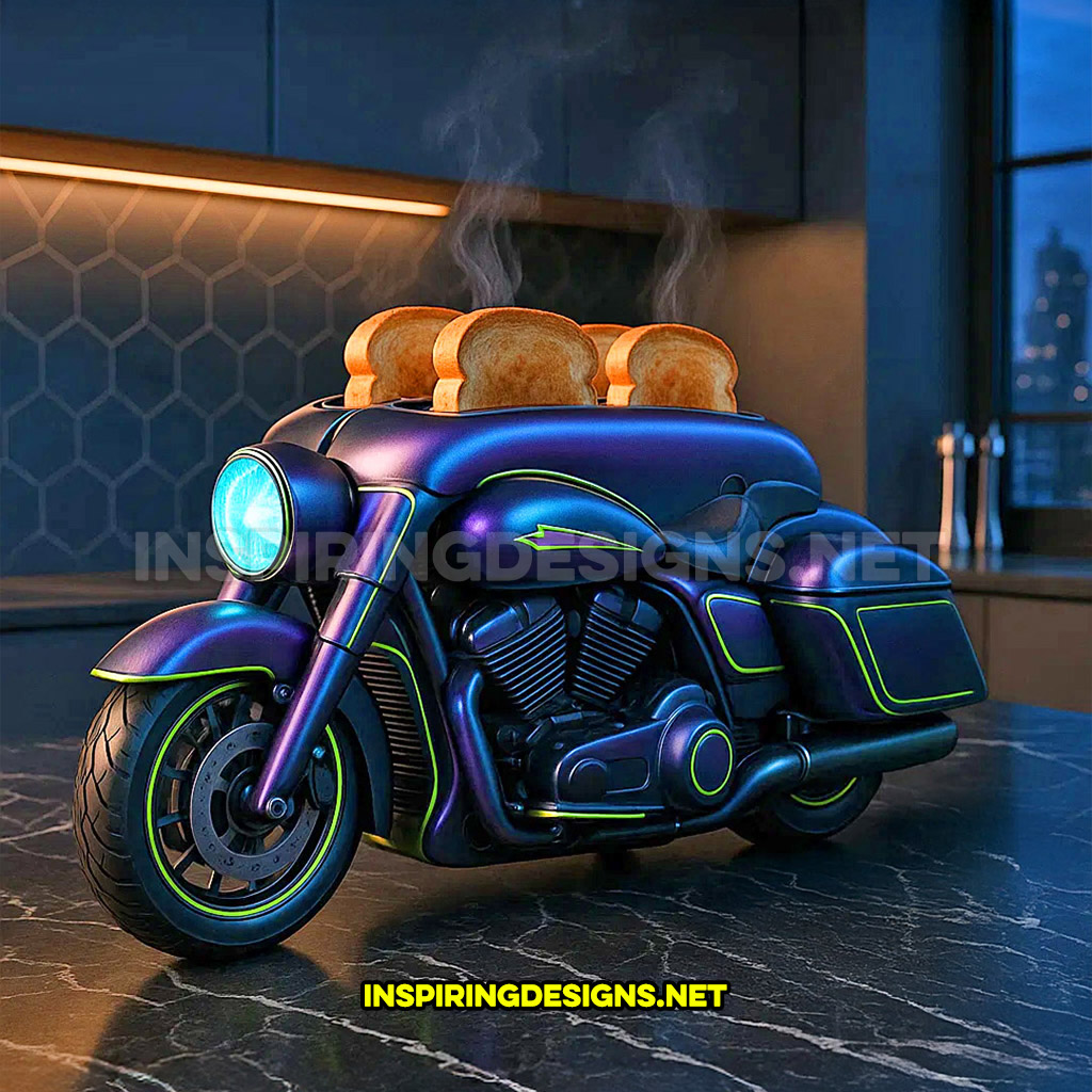 Harley toaster in a neon green and dark purple color design