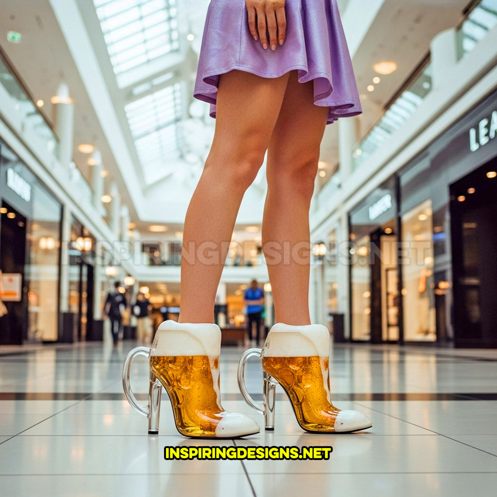 beer mug shaped high heels worn in a high end shopping mall