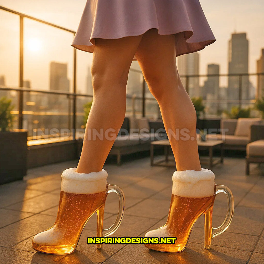 beer mug shaped high heels worn in rooftop restaurant and bar