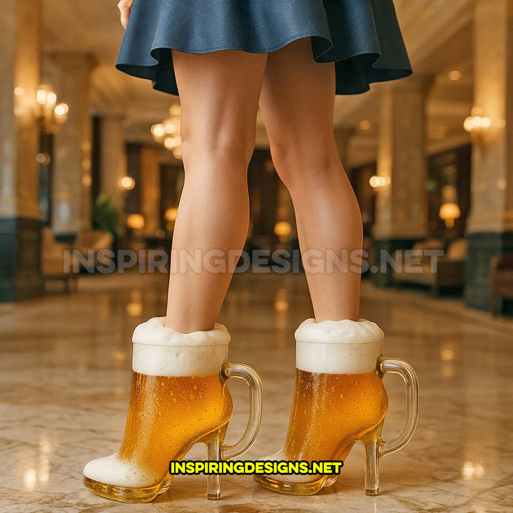 beer mug shaped high heels worn in a high end hotel lobby