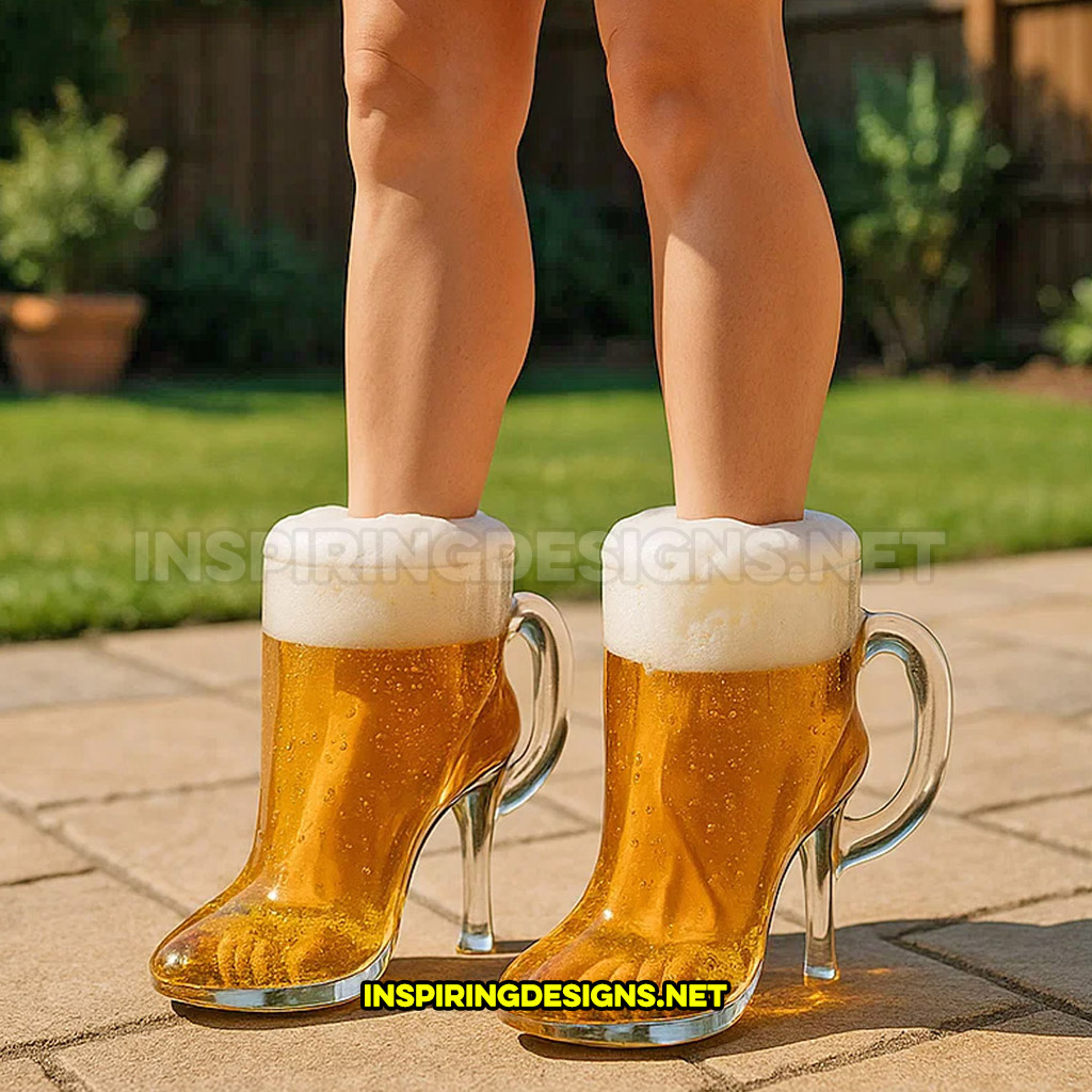 beer mug shaped high heels worn on a backyard patio