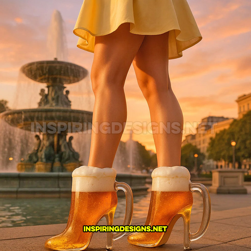 beer mug shaped high heels worn near a town-square fountain