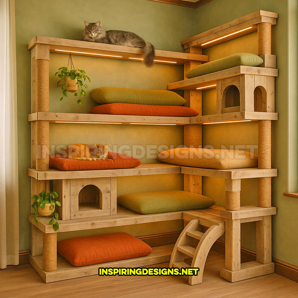 corner cat tower in a rustic natural wood design