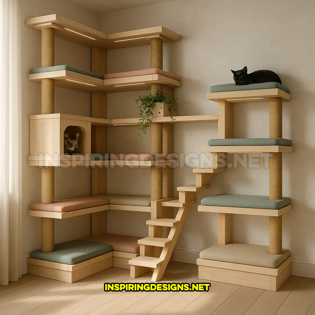 corner cat tower in a contemporary cream wood design