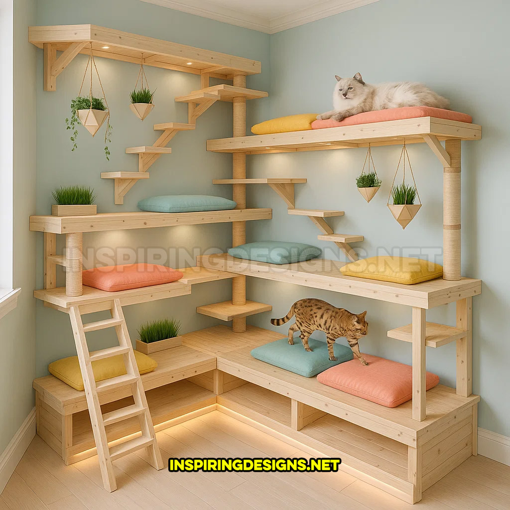 corner cat tower in a contemporary light wood design