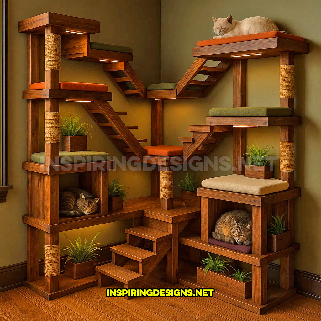 corner cat tower in a rustic natural wood design