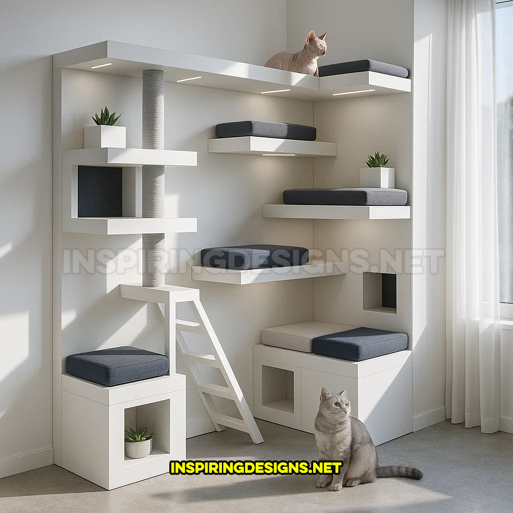 corner cat tower in a modern white wood design