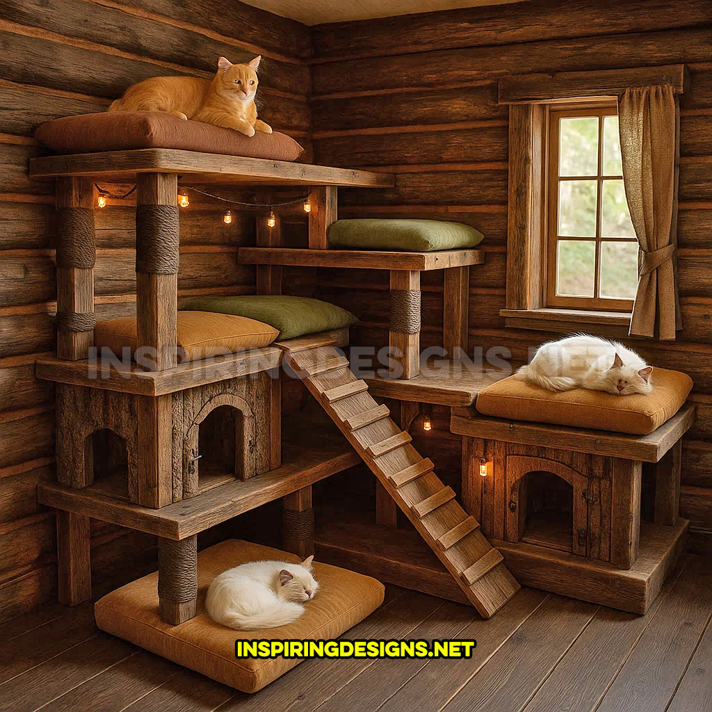 corner cat tower in a rustic brown natural wood design