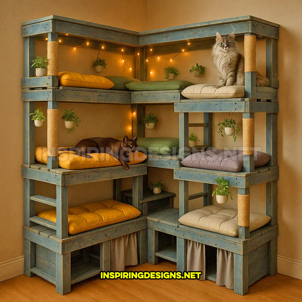 corner cat tower in a rustic blue natural wood design
