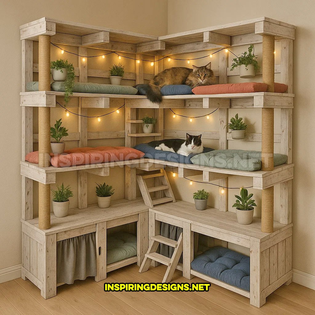 corner cat tower in a rustic white natural wood design