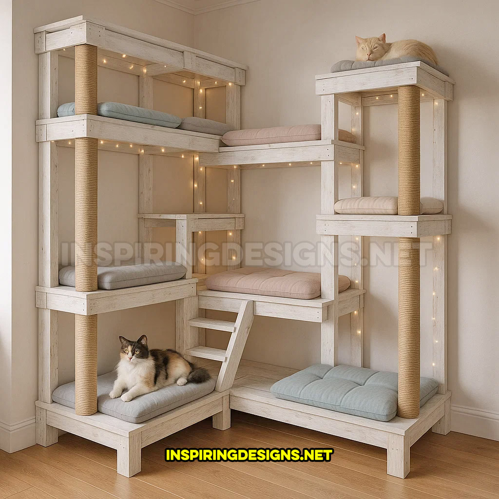 corner cat tower in a contemporary white wood design