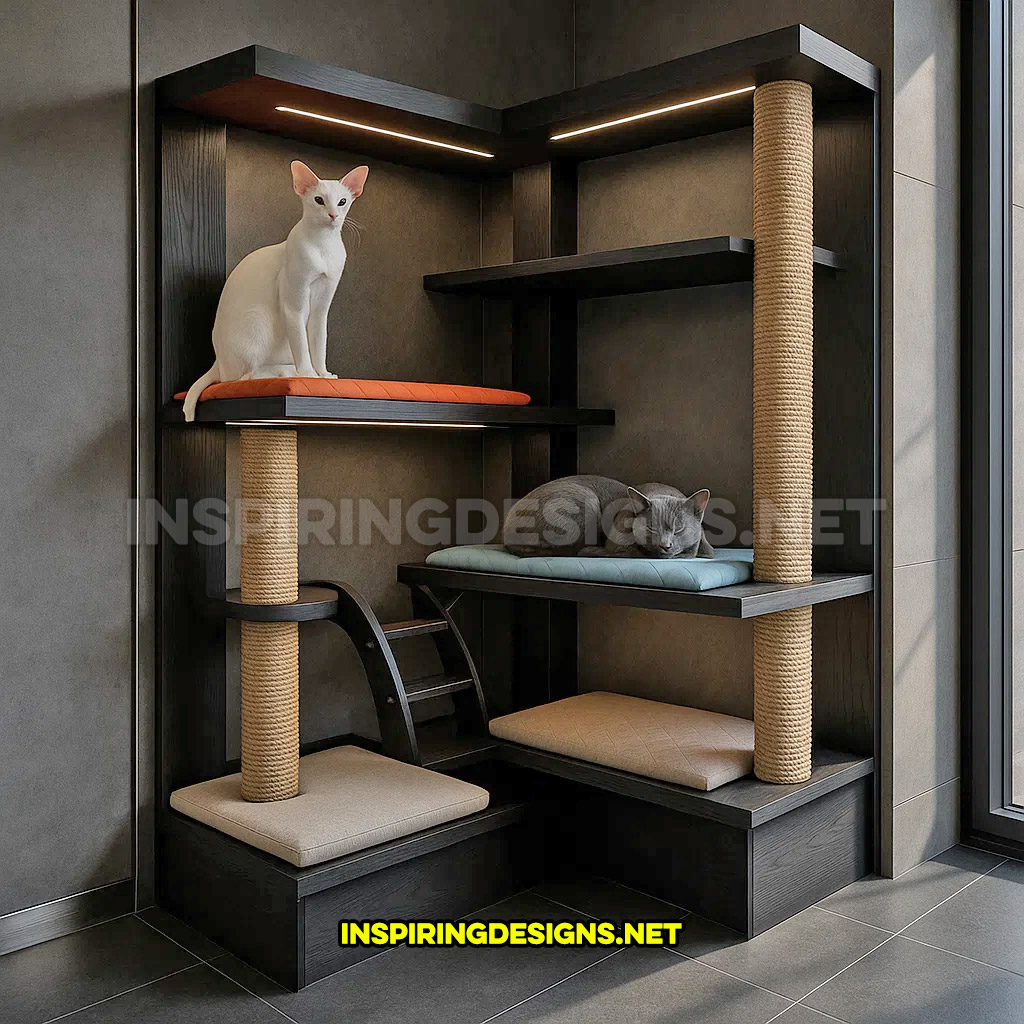 corner cat tower in a modern black design