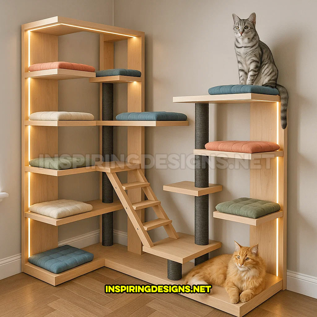 corner cat tower in a light brown wood design