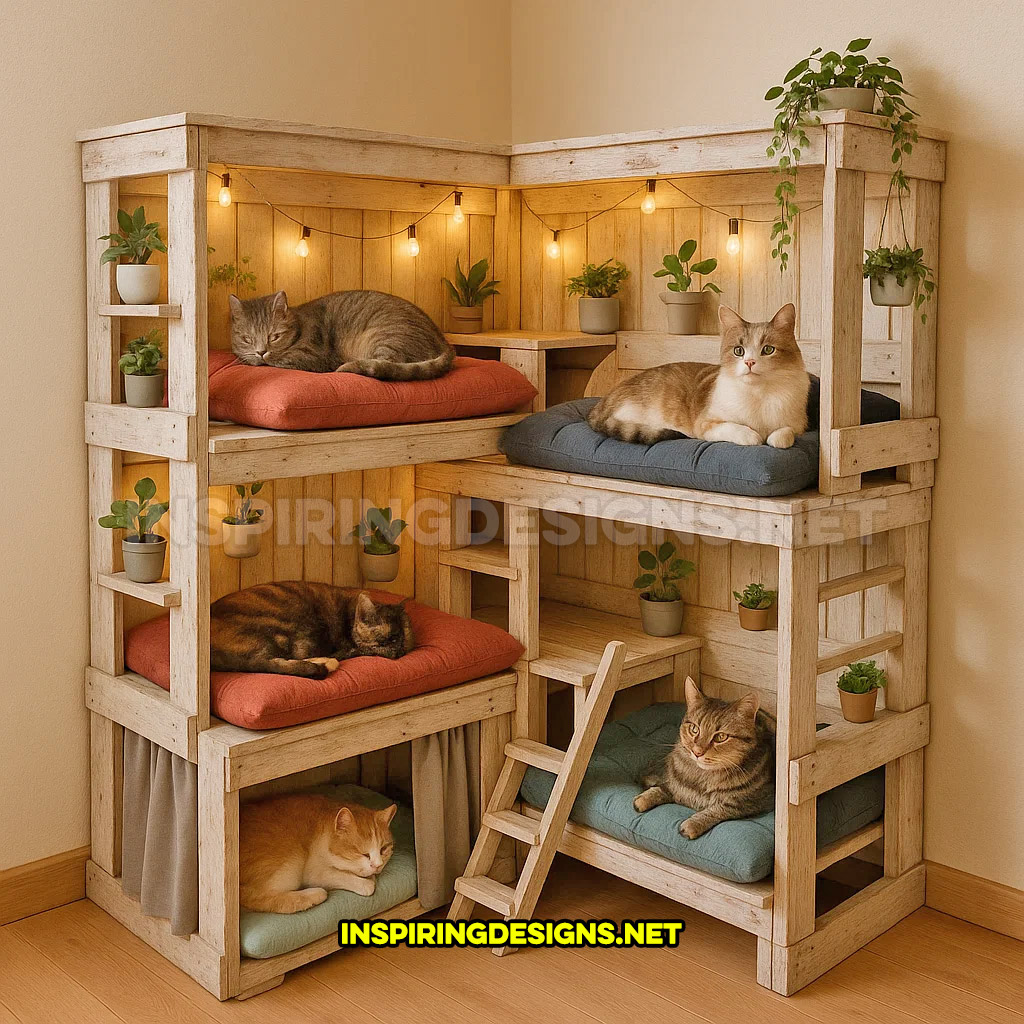 corner cat tower in a rustic white natural wood design