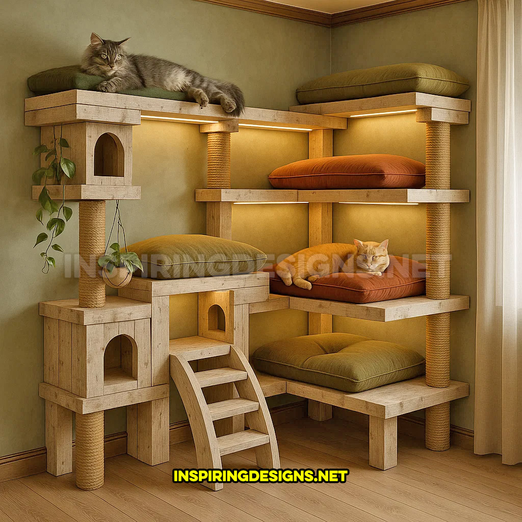 corner cat tower in a contemporary natural wood design